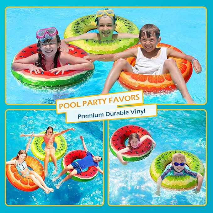 Jasonwell Inflatable Pool Toys Floats for Swimming Pool Party Lake Beach Kids Adults - 4 Pack Floaties Pool Tubes Swim Rings Fruit Water Floaty Watermelon Kiwi Orange Grape