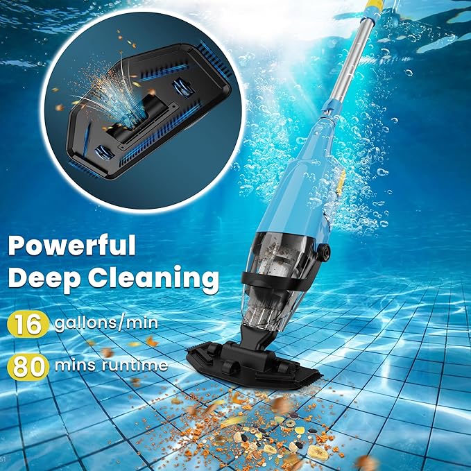 Cordless Pool Vacuum, Rechargeable Handheld Pool Vacuum Cleaner for Above Ground Pools, Fast Charging, Long Runtime, Ideal for Sand and Debris