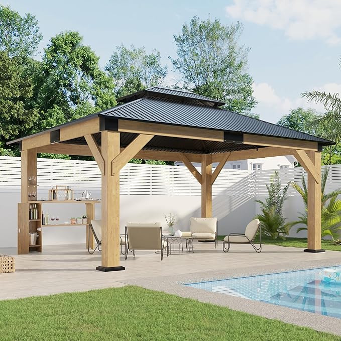AMERLIFE 13x15 Hardtop Gazebo, Spruce Wood Gazebo with Storage Bar Counter, Outdoor Pavilion with Double Iron Roof, for Patio, Lawns, Garage, Black + Natural Wood