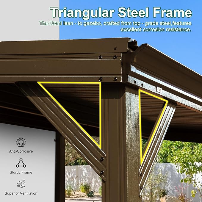 Domi 10’x12’ Lean-to Gazebo, Hardtop Wall-Mounted Gazebo Pergola with Sloping Galvanized Steel Roof and Upgraded Drainage System, Outdoor Permanent Metal Shelters for Patio Backyard Deck, Brown