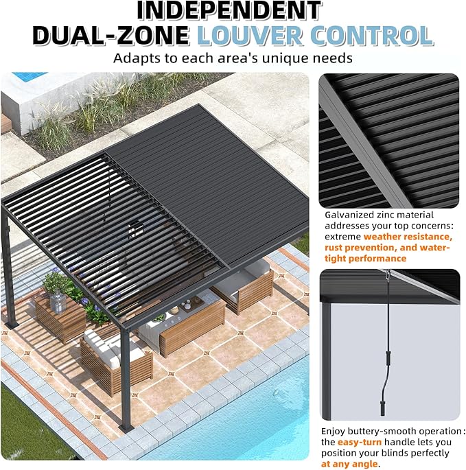 AECOJOY 13' x 10' Louvered Gazebo Pergola, 10x13 Outdoor Hardtop Wall-Mounted Lean to Gazebo with Adjustable Metal Rainproof Patio Roof, Pergolas and Gazebos Clearance, Heavy Duty Awnings for Patio
