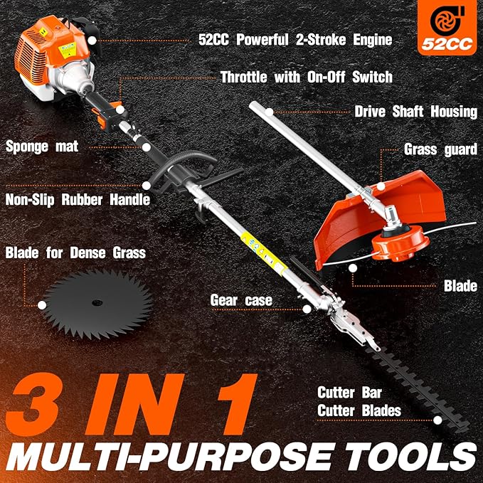52cc 3 in 1 Gas String Trimmer with Gas Hedge Trimmer,2-Stroke Brush Cutter Gas Powered,Gas Weed Eater Trimmer for Weeds and Grass