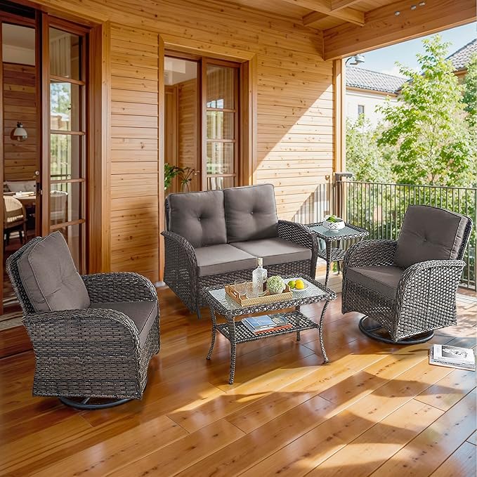 5 Piece Patio Furniture Set - Wicker Patio Conversation Set with Swivel Glider, Glider Loveseat, Tempered Glass Side Table and Coffee Table for Deck Backyard - Brown Wicker Grey Cushion