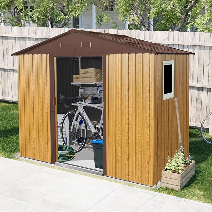 8x4 ft Outdoor Metal Storage Shed with Floor Foundation and Window, Lockable Galvanized Steel Tool Shed with Sliding Door and Air Vent, Waterproof Garden Storage House for Backyard, Patio