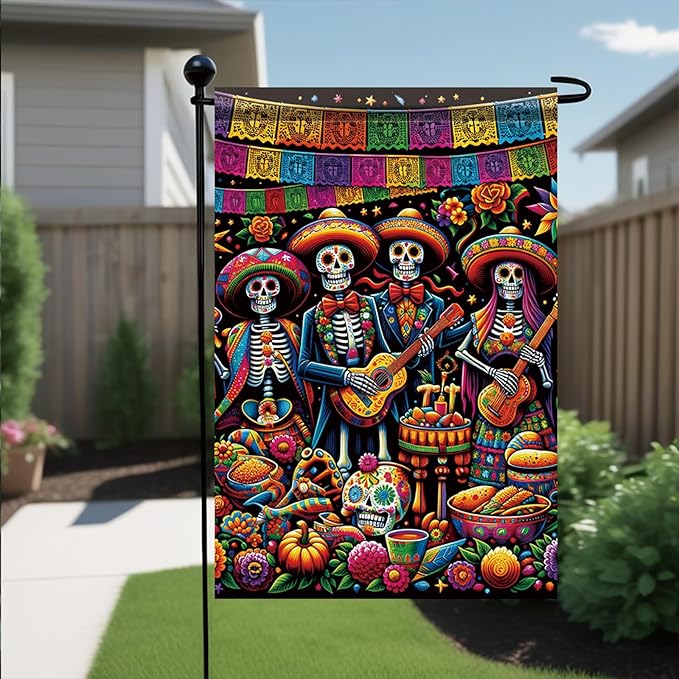 Day of the Dead Garden Flag 12x18 Inch Mexican Sugar Skull Skeleton Band Yard Banner Double Sided Outdoor Dia de los Muertos House Flag Colorful Skull Porch Lawn Decor