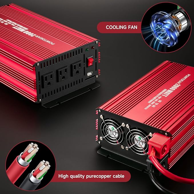 Pure Sine Vane Power Inverter 2000 Watt, DC 12V to 110V AC Converter with 3 Charger Outlets and with 2 Built-in 5V/2.1A USB Port Red