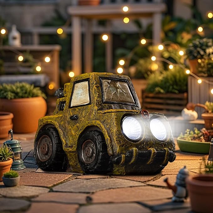 Garden Statue Outdoor Solar Car Decor with LED Light Vintage Resin Sculpture Construction Vehicle Rustic Decoration for Lawn Patio Yard Gifts for Women