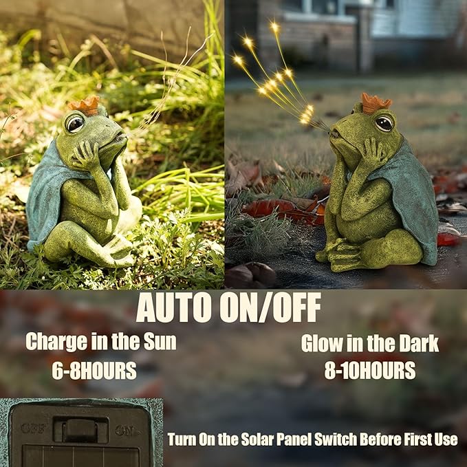 Solar Garden Decor Frog Prince Statue Outdoor, Birthday Gifts for Women Mom Grandma Senior Elder, Frog Ornament for Balcony, Garden, Patio, Yard, Lawn