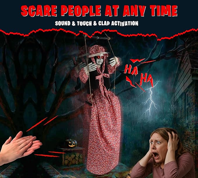 Scary Halloween Decorations Hanging Swinging Doll Girl for Indoor & Outdoor Props, Sound, Touch & Clap Activated with Creepy Sounds & Light-Up Eyes for Halloween Haunted House or Yard Lawn Prop