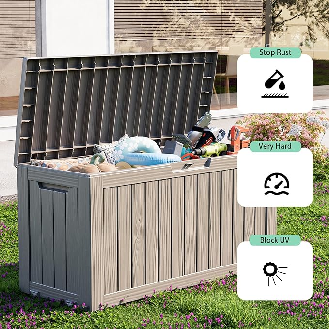 Vixzen 90 Gallon Resin Deck Box, Lockable Outdoor Storage Box for Patio Cushions Storage Furniture,Garden Tools, Pool Supplies, Weatherproof and UV Resistant-Grey