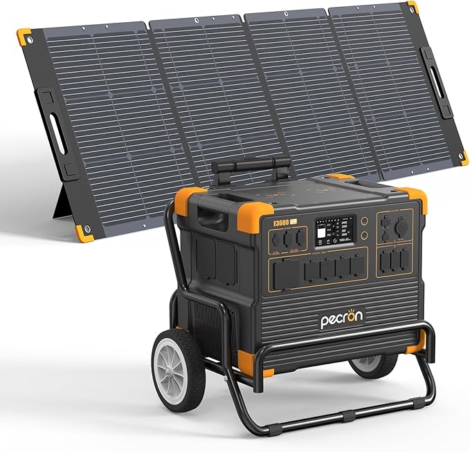 pecron E3600LFP Solar Generator 3072Wh with 300W Solar Panel Trolley Kit, 5x3600W AC Outlets Portable Power Station, LiFePO4 Battery Backup Expanded to 15.36KWh, Power Station for Home Use, Camping