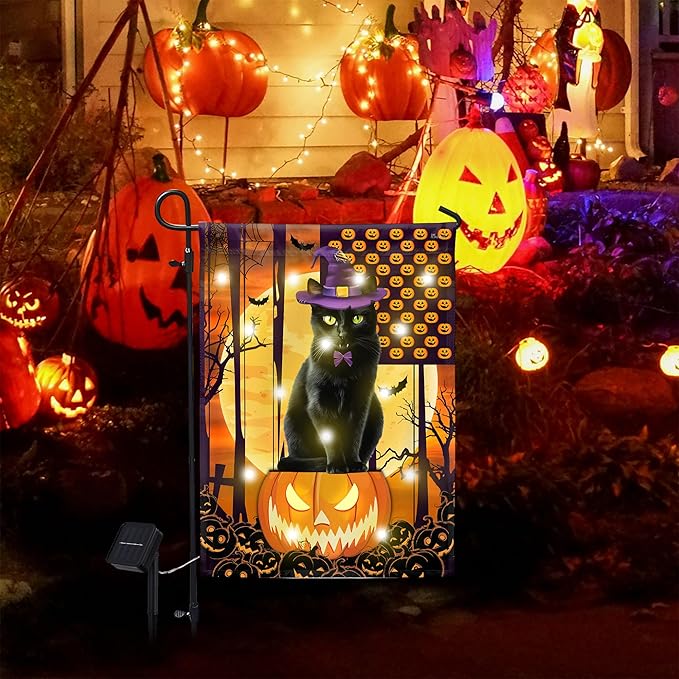 FLAGWIX Halloween Garden Flag - Solar Flag Light for Garden Decor 11.5"x17.5" - Fall Flags for Halloween Decorations, Black Cat Yard Flags for Fall Outdoor Decor, Outside Decorations for Yard
