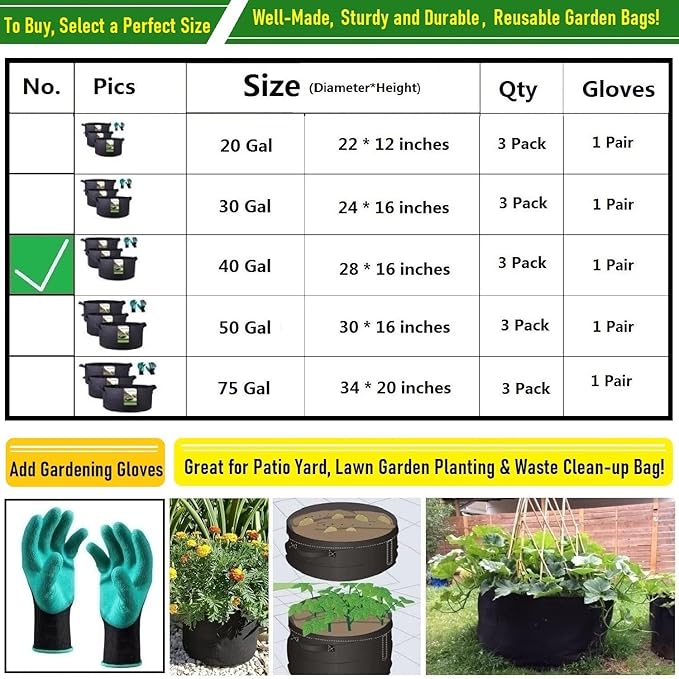 3-Pack 40 Gallon Thickened Plant Grow Bags Large (28x16 in) Heavy Duty Garden Bag Fabric Plant Pots for Potato,Tomato Planter,Herbs Veggies Planting,Flower Pots,Barrel Planter,Yard Waste Bag,Leaf Bags