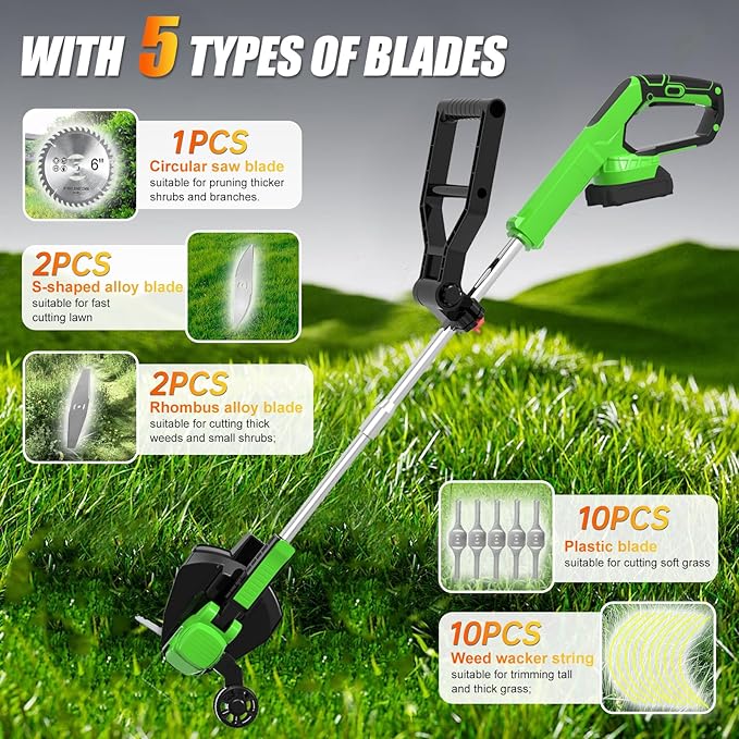 Electric Weed Wacker Eater Battery Powered Cordless String Trimmer, 21V Grass Trimmer Battery Operated Brush Cutter, 3 in 1 Lightweight Weed Trimmer/Lawn Edger/Trimmer Edger for Yard Garden