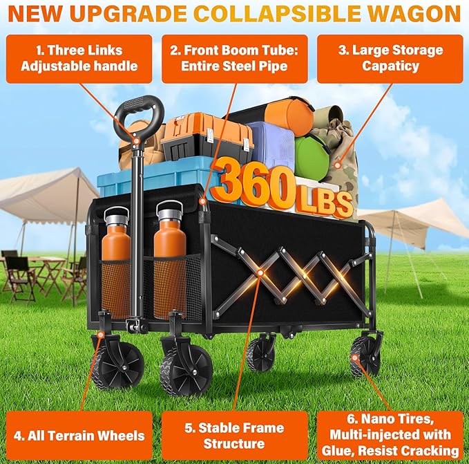 Wagons Carts Foldable - Collapsible Wagon Cart with Wheels Foldable - Folding Utility Heavy Duty Wagons Carts for Grocery Camping Sports Shopping Garden