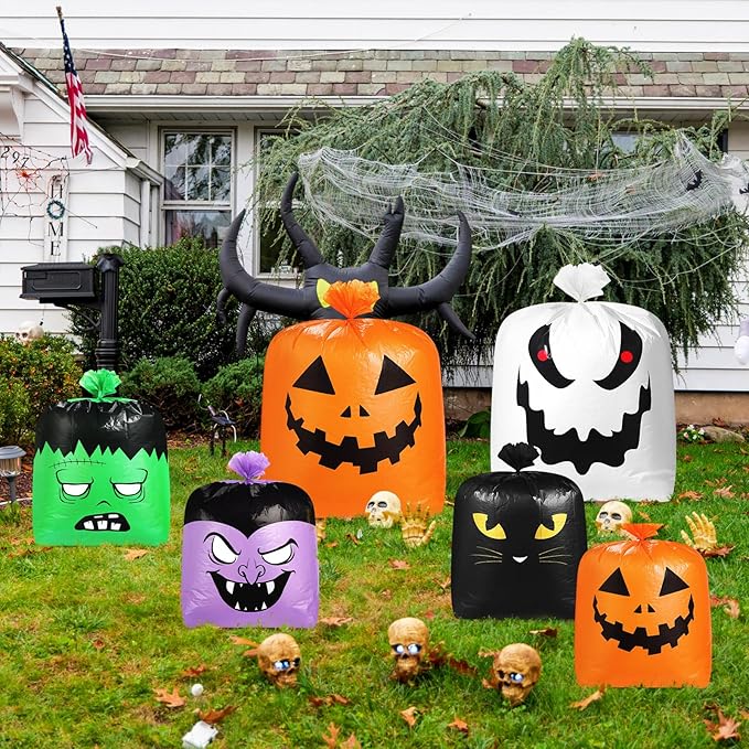 Qilery 6 Pcs Halloween Leaf Lawn Bags Plastic Pumpkin Trash Bags for Leaves with Twist Ties for Halloween Yard Garden Outdoor Party Favors Decorations