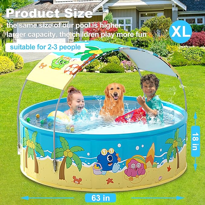 Foldable Swimming Pool with Canopy for Kids 63"x18" Hard Plastic Portable Dog Pool Anti-Slip Collapsible Pets Bathtub Kiddie Pool Indoor Outdoor Backyard (JellieMons 63'')