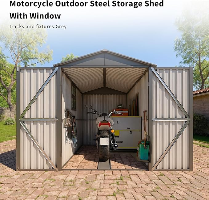 5.5x10FT Motorcycle Outdoor Storage Shed with Window, Lockable Steel Shed for Motorcycle, Heavy-Duty Weather-Resistant, 66.2" L x 121" W x 79.7" H, Grey – Easy Assembly