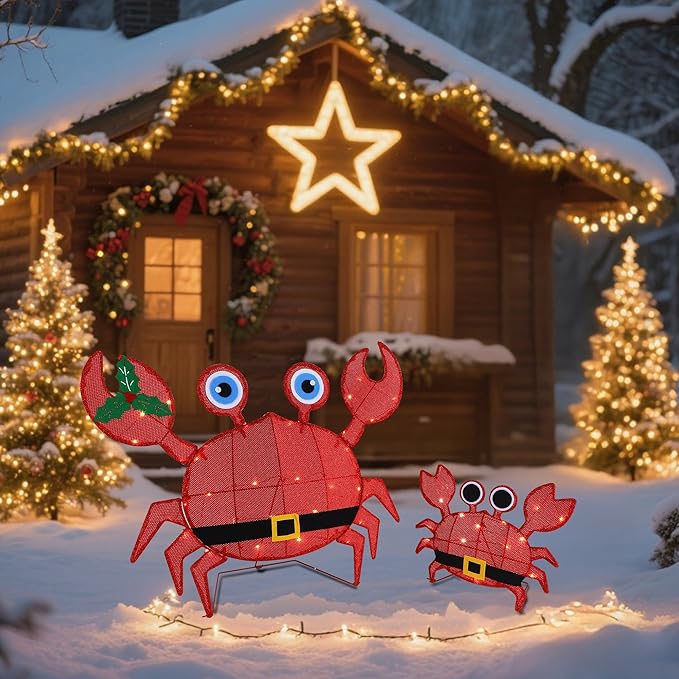 Prsildan Outdoor Christmas Decorations - Set of 2 LED Lighted Crab Yard Decor, 2D Battery Operated Holiday Lawn Figures for Porch, Garden, Home, Xmas Party Decor (Red)