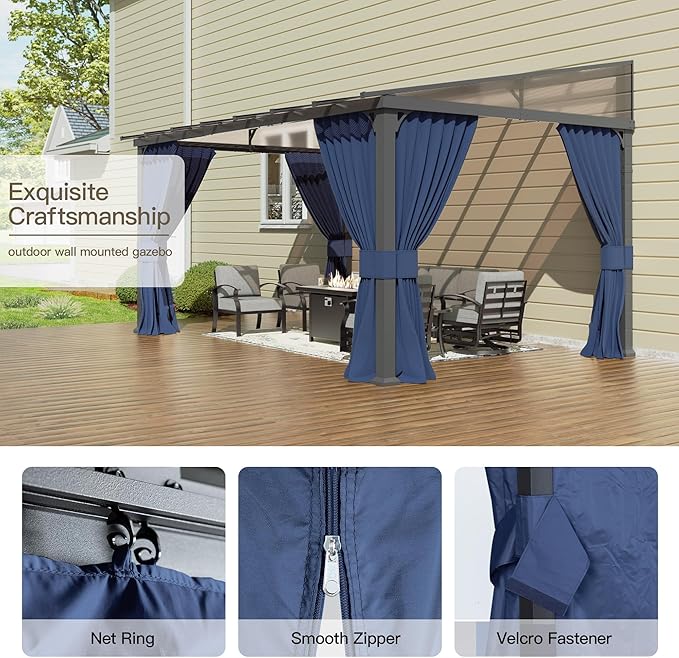 10’ x 14’ Gazebo for Patio,Wall Mounted Gazebo with Sloping Polycarbonate Roof,Aluminum Frame Outdoor pelgole w/Netting & Curtain for Garden,Deck,Backyard,NavyBlue