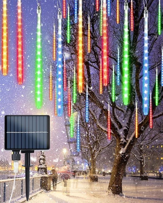Flacchi Solar Meteor Shower Icicle Lights - 20 Tubes 480 LED Cascading Raindrop Lights, Outdoor Waterproof Christmas Decorations for Holiday Party(4 in 1 Multi-Colored, Solar 20 Tubes)