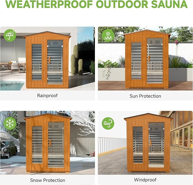 springspa Outdoor Infrared Sauna 3 Person for Home, 15amp Low EMF Far Infrared Spruce Wooden Sauna with Bluetooth,LCD Panel