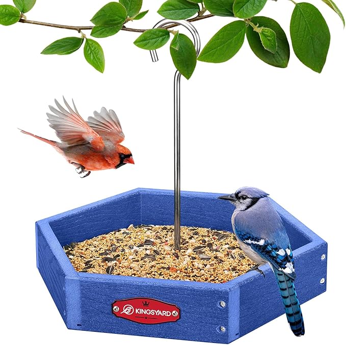 Kingsyard Large Hanging Platform Bird Feeder Weatherproof Durable, Recycled Plastic Tray with Metal Mesh, Easy Clean Outdoor Feeder for Cardinals Bluebirds Wild Birds, Blue