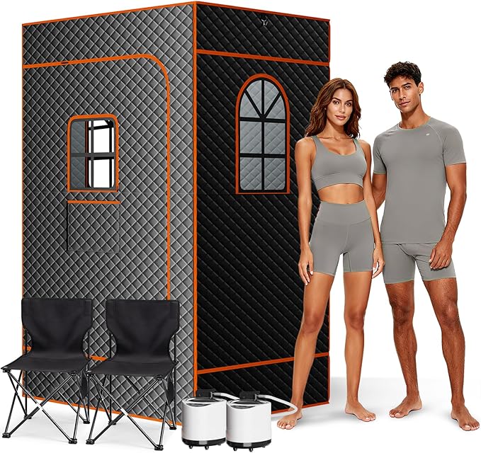 DoCred Upgraded 2 Person Portable Sauna Box, Extra Large Portable Steam Sauna for Home,Personal Sauna Tent Full Body with 2 Steamers, 2 Folding Chair,Remote Control