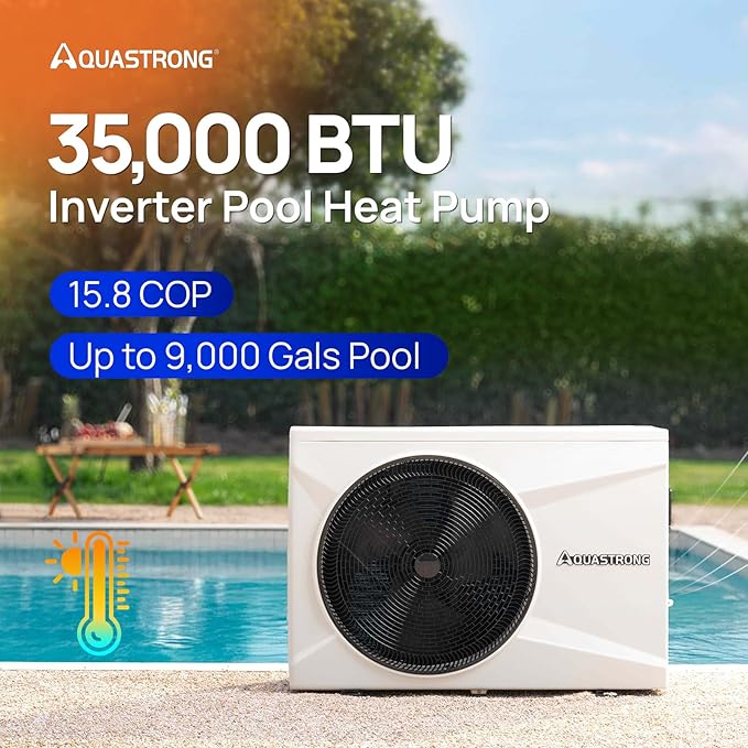 Aquastrong Inverter Swimming Pool Heat Pump, 35,000 BTU 9,000 Gallons Electric Pool Heater for Above Ground and Inground Pool, WiFi Capable Timer, Heating and Cooling Pool Heater 120V