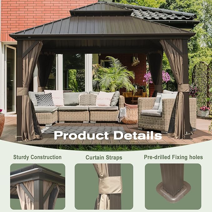 Domi 12' x 14' Hardtop Gazebo Permanent Metal Gazebo with Galvanized Steel Double Roof, Curtains and Netting for Party, Wedding, Outdoor Dining, Patio, Backyard, Brown