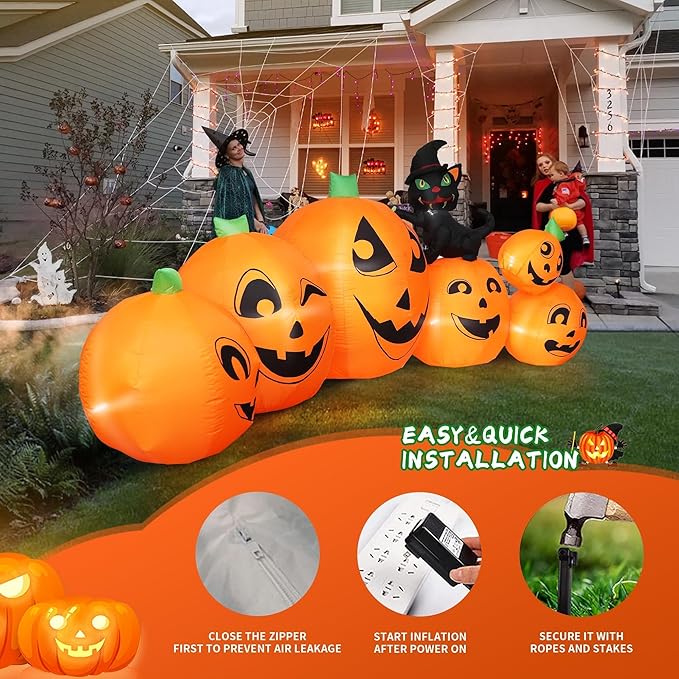 10FT Long Halloween Inflatable Pumpkin Patch with Black Witch's Cat, Giant Pumpkin Patch with Build-in LED Lights, Blow up Inflatable Decoration for Outdoor Large Party Yard Decoration