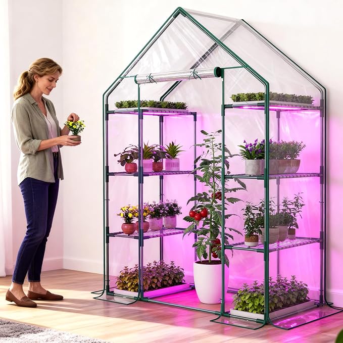 Indoor Greenhouse with Grow Light, 4-Tier Mini Greenhouse 56.3"x28.7"x76.8" Small Greenhouse with Zippered PVC Cover for Seed Starting Trays, Dimmable Plant Light for Indoor Plants with Timer