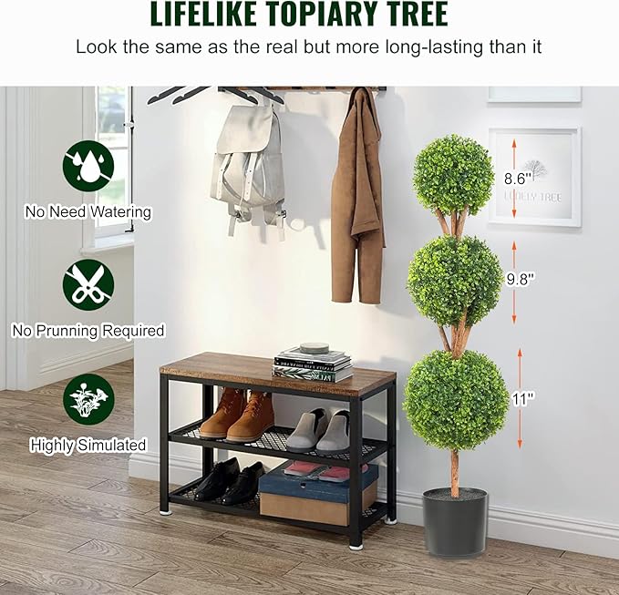 VEVOR Artificial Boxwood Topiary Tree, 48 inch Tall (2 Pieces), Triple Ball-Shaped Faux Topiary Tree, Green Faux Plant with Replaceable Leaves & Pot for Decorative Indoor/Outdoor/Home/Office