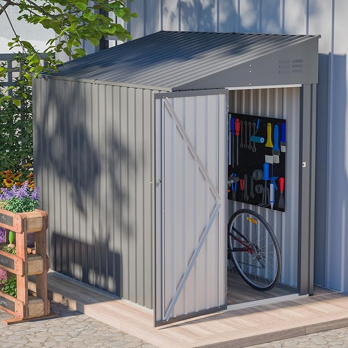 4x7 FT Lean to Shed with Single Lockable Side Door, Outdoor Metal Storage Shed, Sloping Roof Galvanized Utility Steel Tool Shed for Garden, Patio, Lawn & Backyard