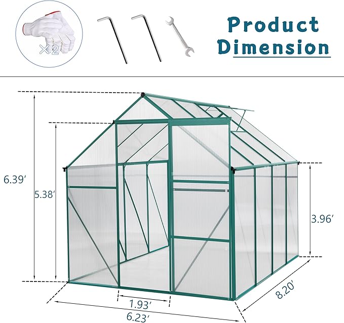 Favfurish 6x8FT Polycarbonate Walk-in Greenhouses, Heavy Duty Hobby Green House, Storage Shed with Sliding Doors & Adjustable Roof Vent, Aluminum Sunroom Hot House for Outdoor Garden Backyard