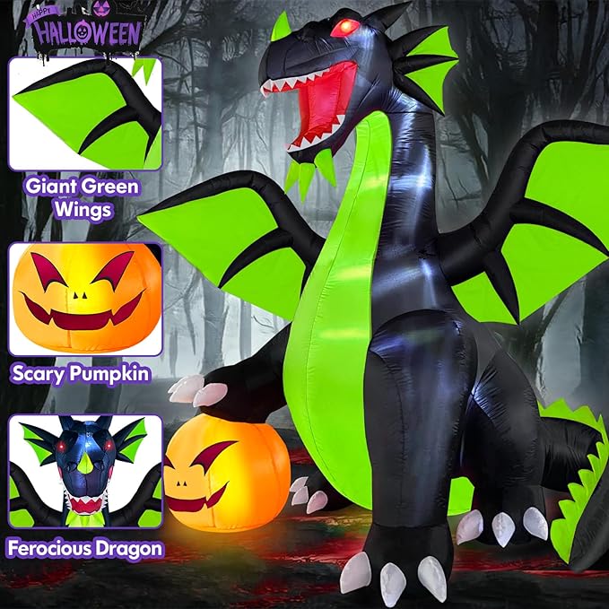 Danxilu 9FT Halloween Inflatable Outdoor Decoration Blow Up Dominating Green Dragon with Pumpkin Built-in LED Lights Spooky Blowups Yard Decor for Halloween Fun Holiday Party Garden Lawn Decor
