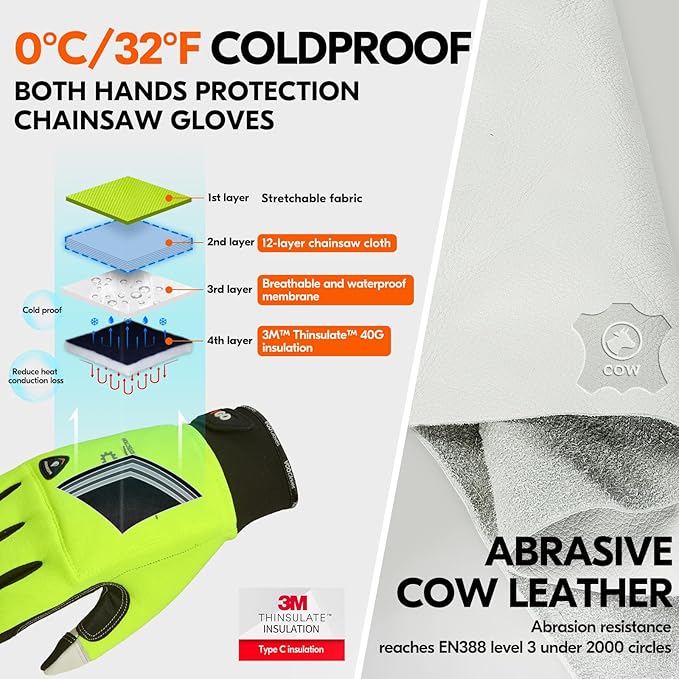 Vgo... 1Pair Chainsaw Winter Gloves,12-Layer Chainsaw Protection on Both Hands Back,Safety Cow Leather Work Gloves,Mechanic Gloves(Size XL,Hi-Viz Green,CA9760FLWP)