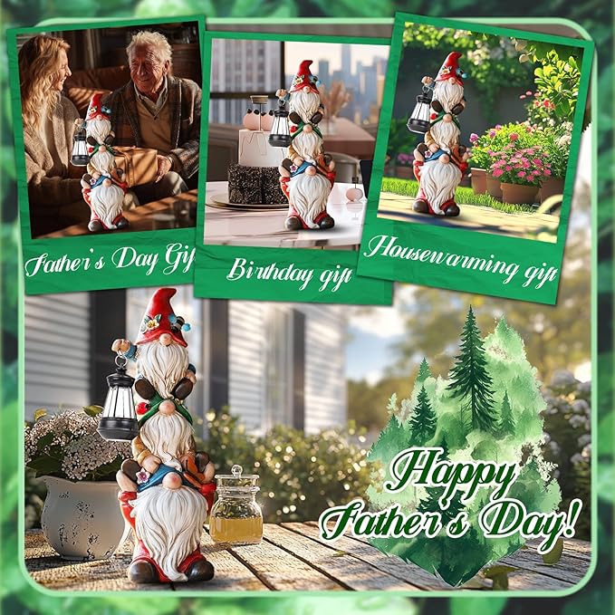 17 in Large Garden Gnome Statue with Solar Lights Sculptures Funny Triple Big Gnome Outdoor Patio Lawn Yard Balcony Garden Home Decor Gifts for Women Mom