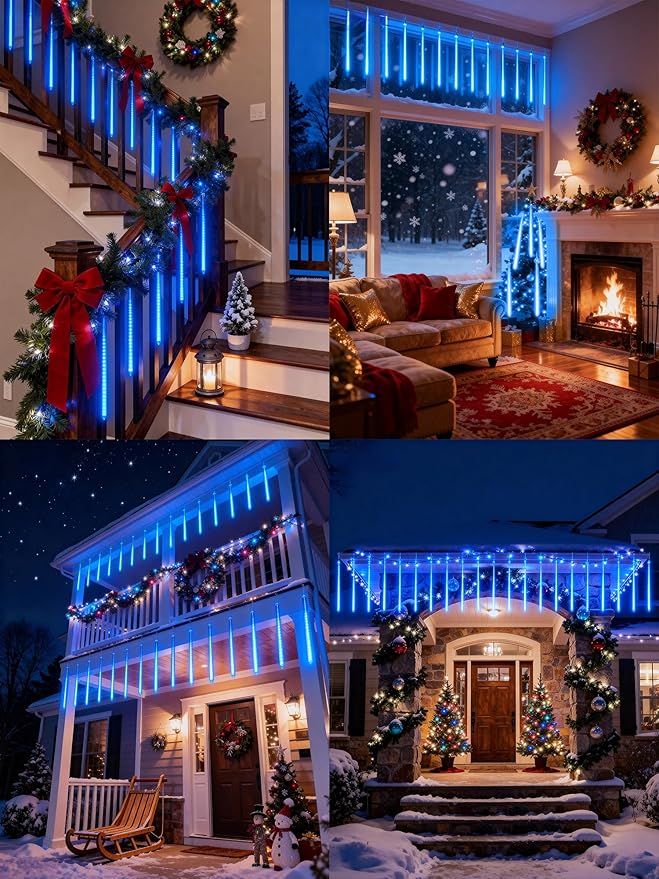 Flacchi Meteor Shower Icicle Lights - 5 Tubes 20" Each 270 LED Cascading Raindrop Lights, Timer Outdoor Waterproof Christmas Decorations for Holiday Party(Blue)