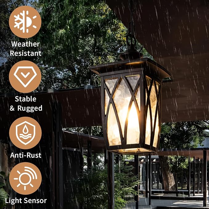 JYZ Dusk to Dawn Outdoor Pendant Lantern, 15 Inch Craftsman Style Large Exterior Hanging Light with Water Ripple Glass, Traditional Outdoor Chandelier for Front Porch Gazebo Patio Garden