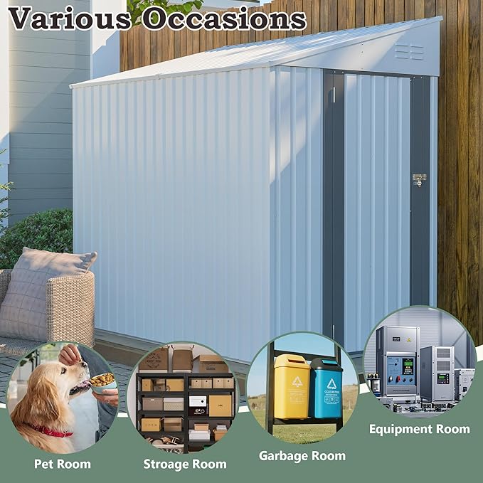 4x8 FT Outdoor Storage Shed,Lean to Lockable Metal Garden Shed Steel with Reinforced Beams,All Weather Waterproof Storage House W/Lockable Door&2 Air Vents,for Backyard,Patio,Lawn,Garden,White