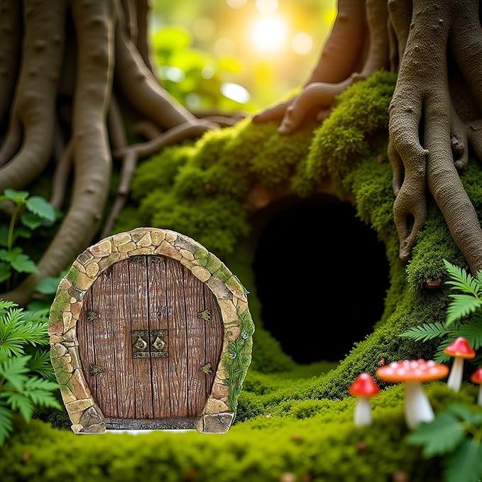 Brown Mini Fairy Garden Door for Tree, 3D Miniature Fairy Door, Bonsai Terrarium Micro Landscape Decoration Accessories, Garden Miniatures