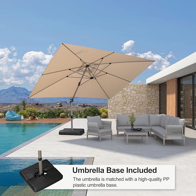 PURPLE LEAF Patio Umbrella with Base Included, 10‘×13’ Outdoor Aluminum Cantilever Umbrella with 360° Rotation, Aluminum Large Offset Umbrella for Outdoor Garden Pool, Beige
