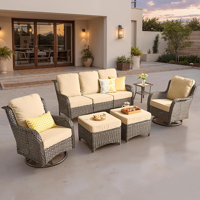 ovios 6 Pieces Patio Furniture Set, Outdoor Wicker Sofa Couch with Swivel Chairs Ottomans Comfy Cushions, High Back All Weather Modern Conversation Sets, Brown Rattan, Beige