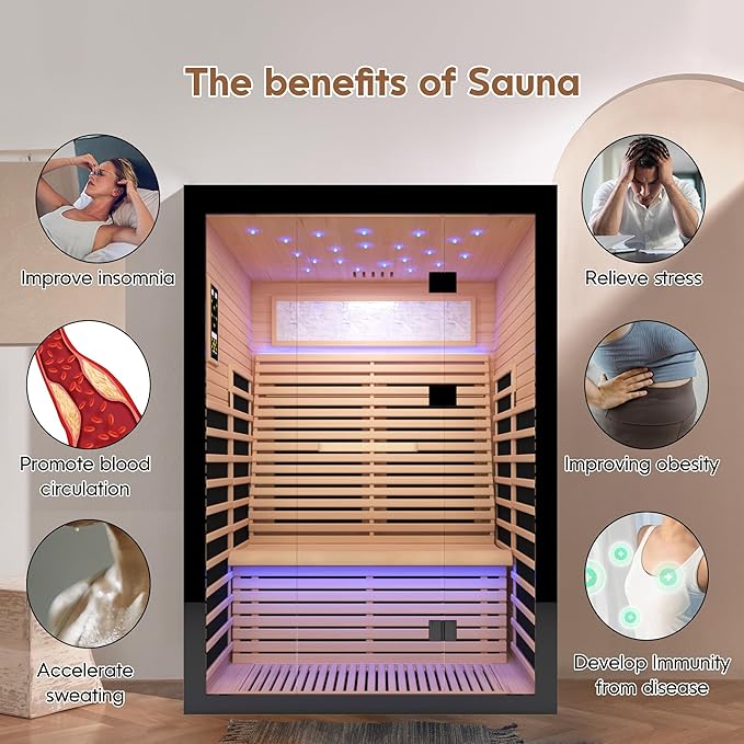 2 Person Infrared Sauna Home Indoor Sauna Canadian Hemlock Wooden Dry Sauna Room Low EMF 2160W with Oxygen Bar, 7 Color Therapy 53.1" x 47.2" x 74.8"