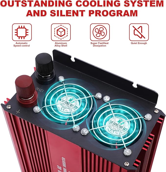 Power Inverter 2000 Watt, Modified Sine Wave Power Converter 2000W DC 12V to 110V AC Car Inverter with 2.4A USB Ports 3 AC Outlets Red