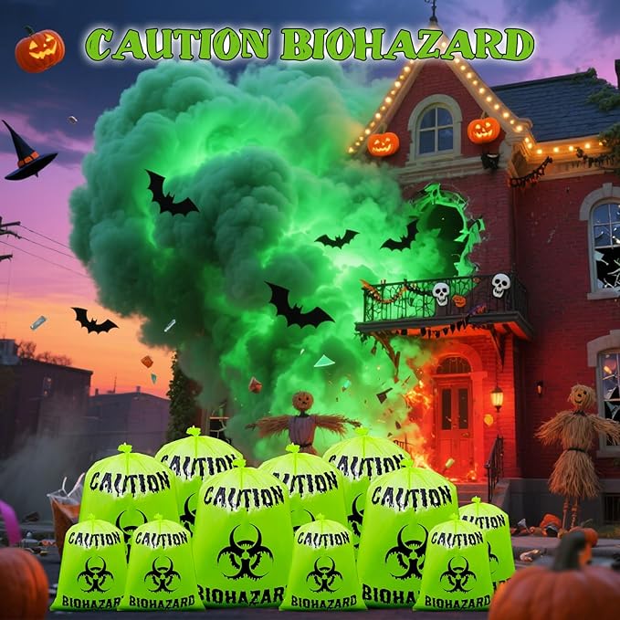 12 Pcs Large Halloween Leaf Bags Biohazard Halloween Decorations Halloween Trash Bags for Leaves Plastic Yard Lawn Waste Bag Scientist Biohazard Bag Outdoor Biohazard Zombie Party Decorations (Green)