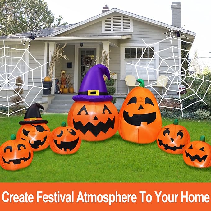 12 Ft Long Halloween Inflatables Pumpkins Outdoor Yard Decoration, 7 PCS Blow up Pumpkins and 2 Witch Hats Built-in LED Lights for Home Holiday Party Lawn Patio Outside
