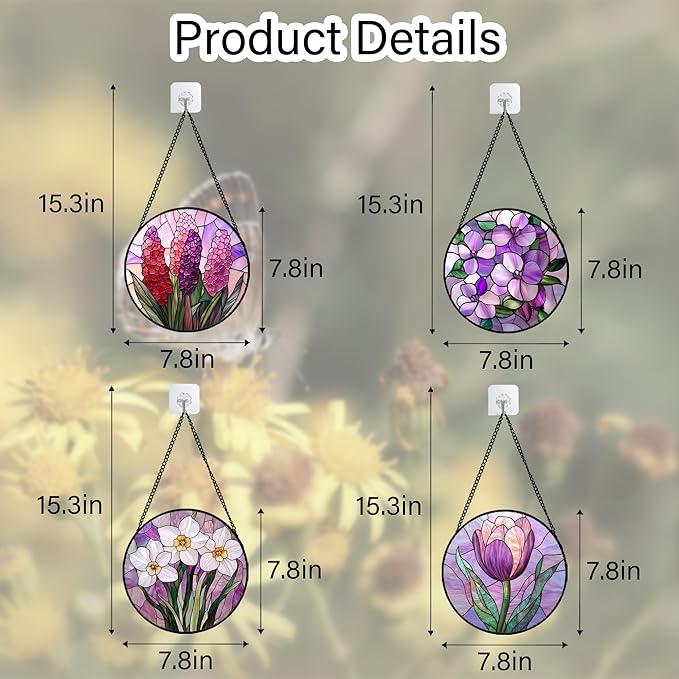 Stained Glass Window Hanging 4 Pcs Set Purple Flower Theme 7.8" - Tulip Suncatcher Door Garden Sun Catcher Decor Birthday Christmas for Plant Lovers Woman Nana Men