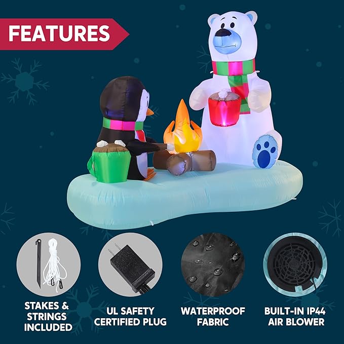 Joiedomi 6 FT Long Christmas Inflatable Polar Bear and Penguin with Campfire Decoration, Blow Up Yard Decoration Christmas Inflatable with Build-in LEDs Blow Up for Xmas Party, Lawn, Winter Décor